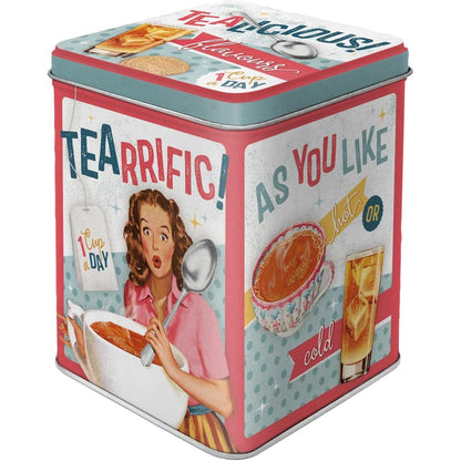 258205 - Kuti çaji retro Tealicious & Tearific, dizajn vintage, për gjethe të lira dhe qese çaji, kapacitet: 100g