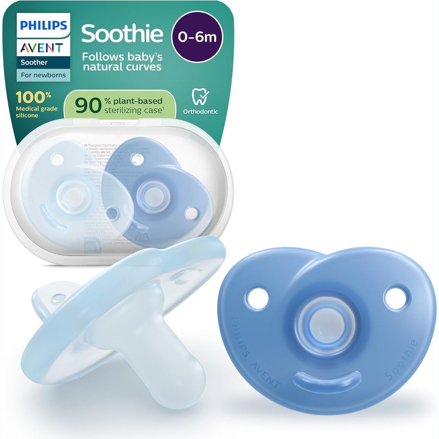 318551 - PHILIPS AVENT - Biberon Soothie, Ortodontik për të Porsalindur, 0-6 Muaj, dizajn me një copë, thithë silikoni fleksibël, Pa BPA, Pako me 2 copë, Blu, SCF099/26