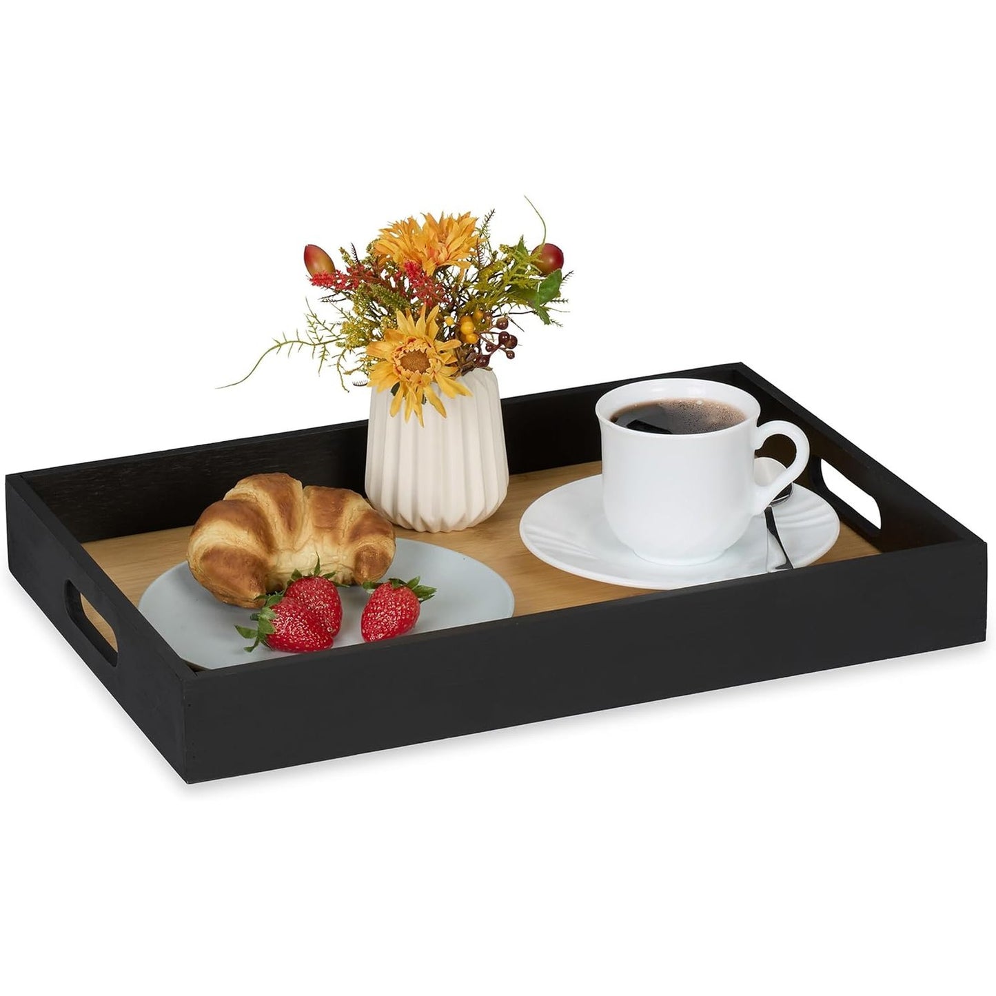 218998 - Relaxdays Tabaka, Bambu, MDF, HBT: 5 x 40.5 x 28 cm, Tabaka Servirjeje me Doreza, E Zezë/Natyrale