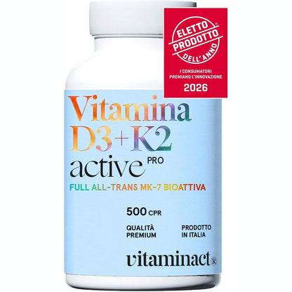 336776 - VITAMINA D3+K2 Vitamina D3+K2 (Zgjat 1 vit e 4 muaj) 500 Mikrotableta – Pa dioksid silici, Vitamina D3 2000 IU për tabletë – Vitamina K2 MK7 All-Trans Active Pro Vitaminact