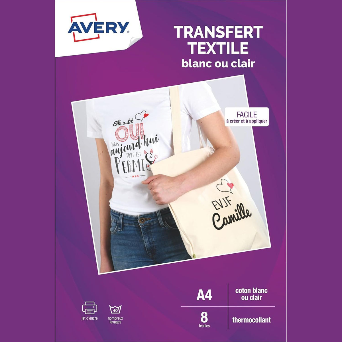 310441 - AVERY Transferta të personalizueshme për pëlhura A4, 8 fletë, printim me bojë, aplikim hekurosjeje