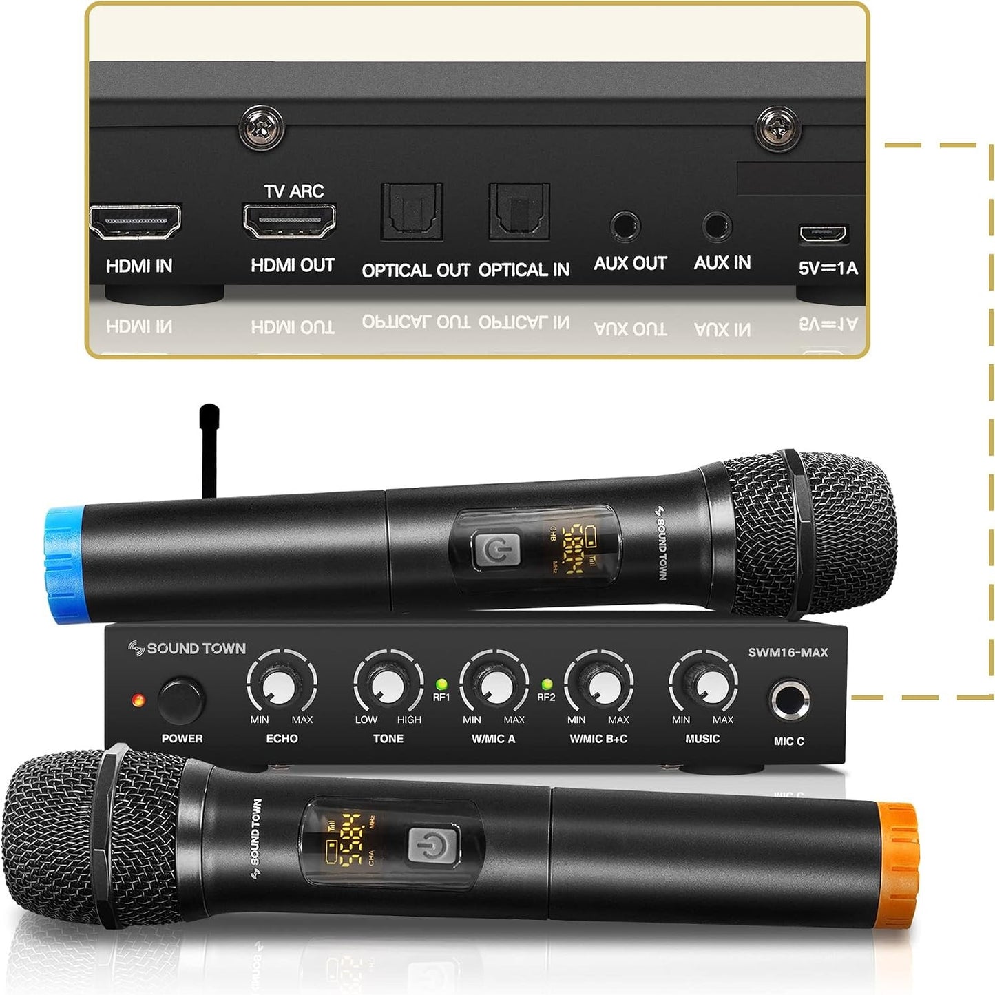 266031 - SISTEM MIKSIMI Karaoke Sound Town SWM16-MAX me Mikrofon Pa Tel, HDMI ARC, Optik (Toslink), AUX, Bluetooth, Mbështet Smart TV, Media Box, PC