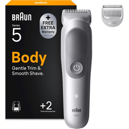 335897 - BRAUN Makinë prerëse trupi Series 5, +2 mjete rroje, teh SkinGuard, 100 minuta kohëzgjatje, e papërshkueshme nga uji, BG5500