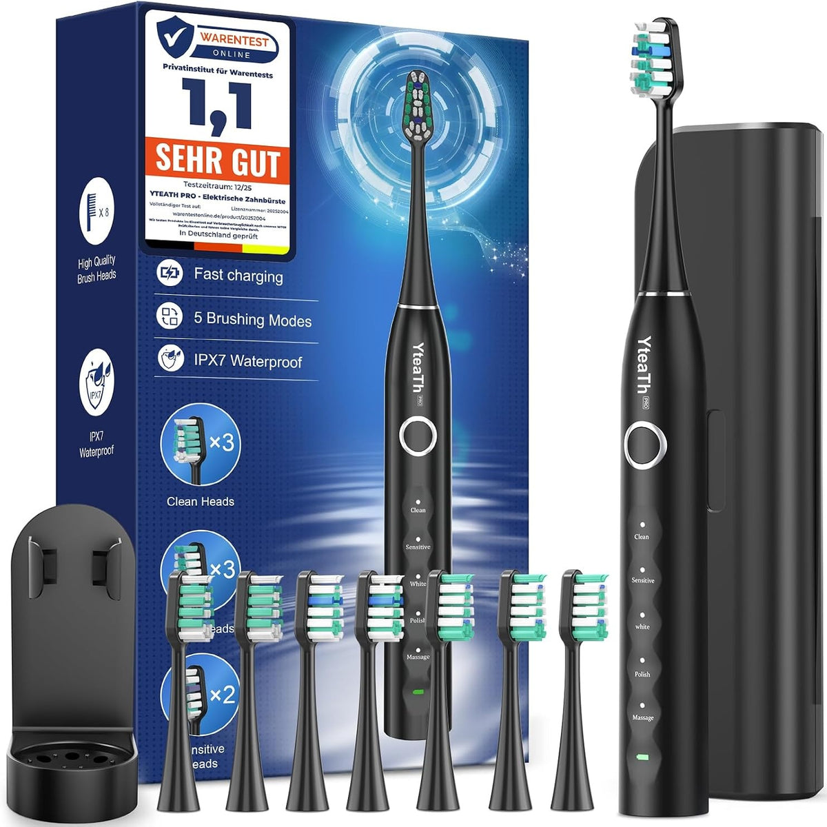 336300 - SONIC Furçë dhëmbësh elektrike për të rritur me 8 koka furçe, 5 mënyra, e zezë mat
