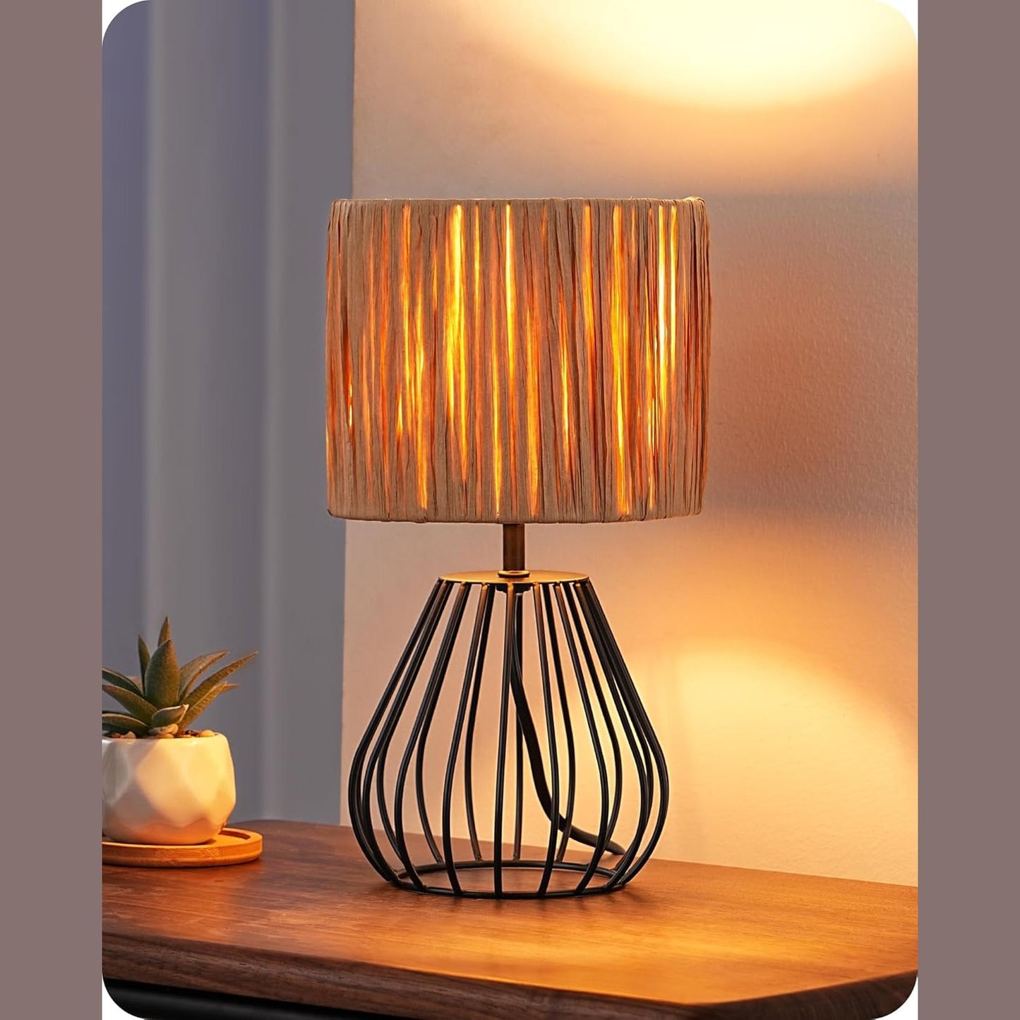 252845 - EDISHINE Llambë Tavoline Boho, Hije Litari Letre të Endur, 29 cm, Llambë LED 4W, e Zezë