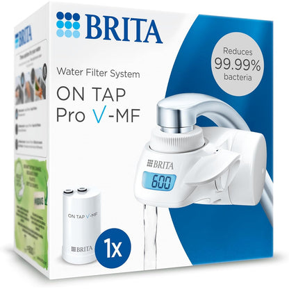250182 - BRITA ON TAP Pro V-MF Filtri i ujit për rubinetat, 1 fishek filtri (600l) - zvogëlon 99.99% të baktereve, klorit, mikroplastikës dhe metaleve të rënda - Ekran dixhital LCD