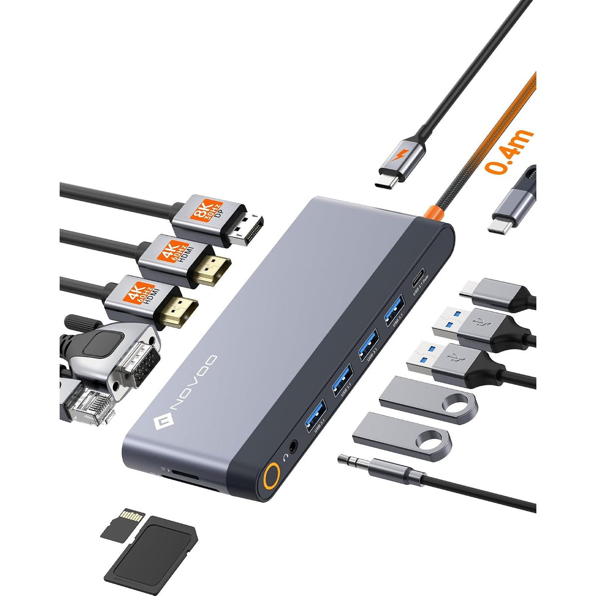 305210 - NOVOO Stacion Docking me Monitor të Dyfishtë, DP 8K@60Hz, HDMI 4K60Hz, VGA