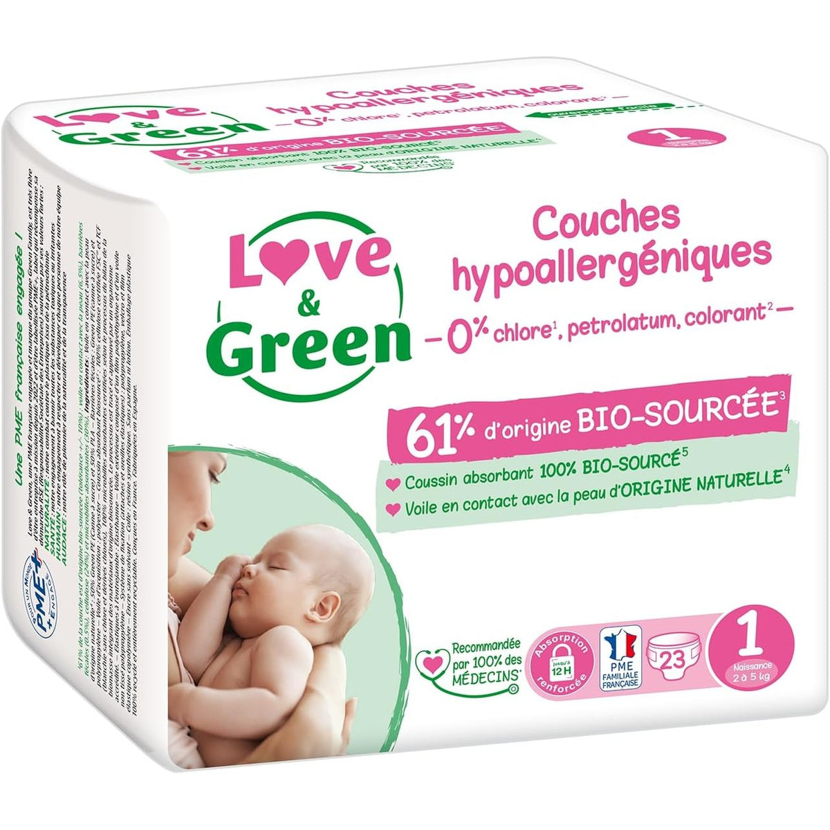 297706 - LOVE & GREEN Pelena të shëndetshme dhe ekologjike për foshnje - Madhësia 1 (2-5 kg) - 23 pelena - Thithëse, të papërshkueshme nga rrjedhjet