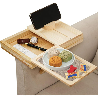 233348 - TABAKA DRURI për mbështetëse krahësh divani me mbajtëse telefoni celular, shumë e qëndrueshme, për ushqime të lehta, gota, telefona celularë