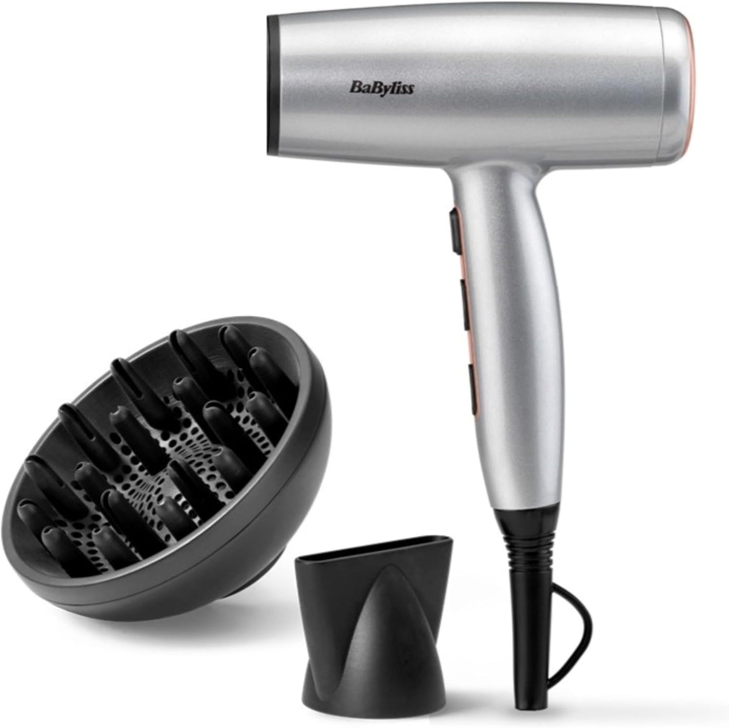 315622 - BABYLISS Tharëse flokësh Cosmos, 2100W, me difuzor, Teknologji Jonike, 3 cilësime ngrohjeje dhe 2 cilësime ventilatori, Argjend, D580DE.