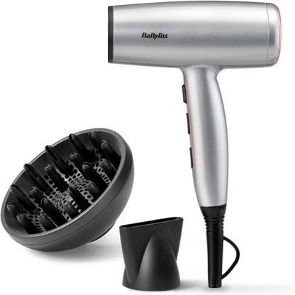 315622 - BABYLISS Tharëse flokësh Cosmos, 2100W, me difuzor, Teknologji Jonike, 3 cilësime ngrohjeje dhe 2 cilësime ventilatori, Argjend, D580DE.