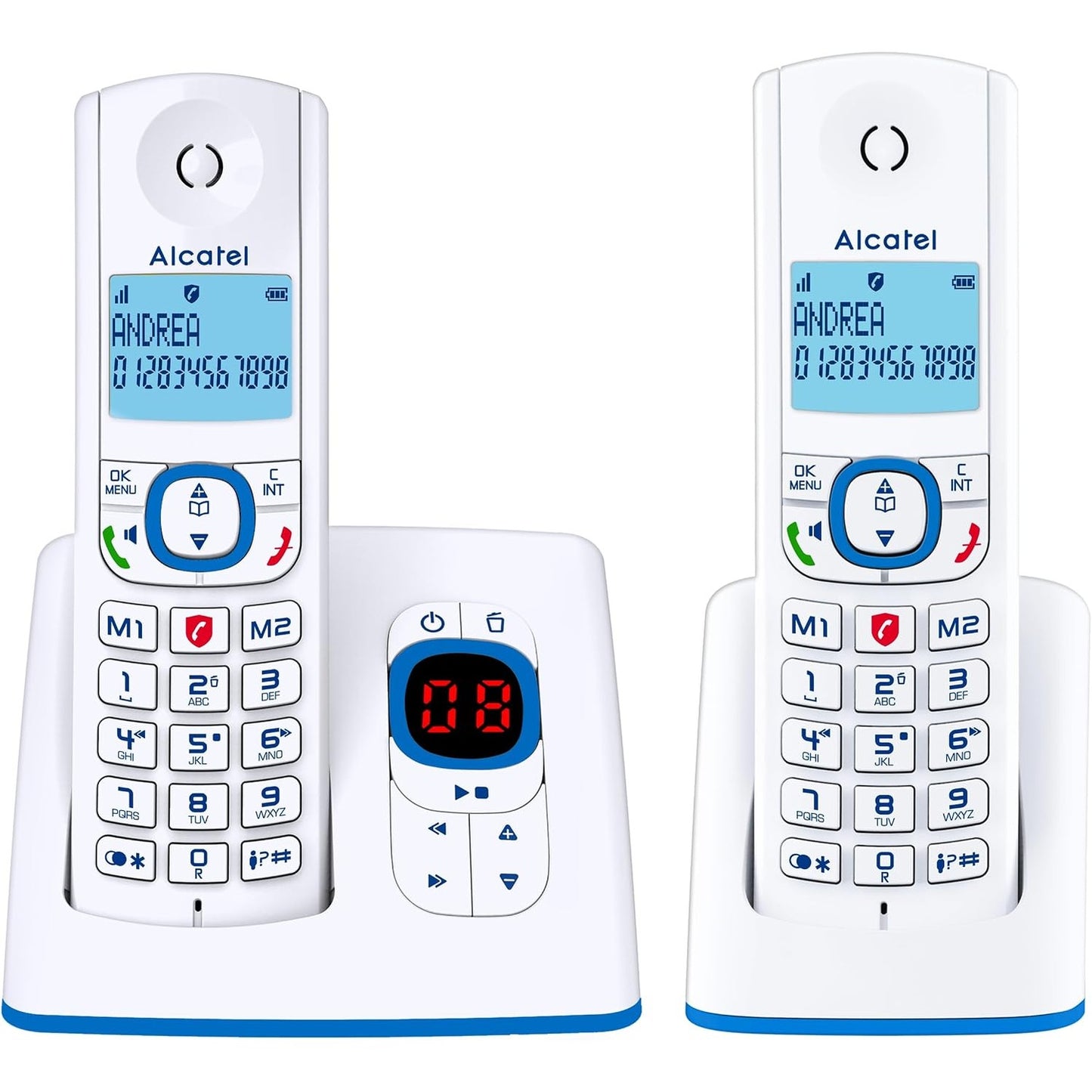 266358 - ALCATEL F530 Voice Duo - Telefon pa tel DECT me sekretari sekretarie - Ekran i madh me ndriçim nga prapa - Pa duar - Funksion bllokimi thirrjesh - 2 taste thirrjeje të shpejta - 2 aparate - E bardhë/Blu