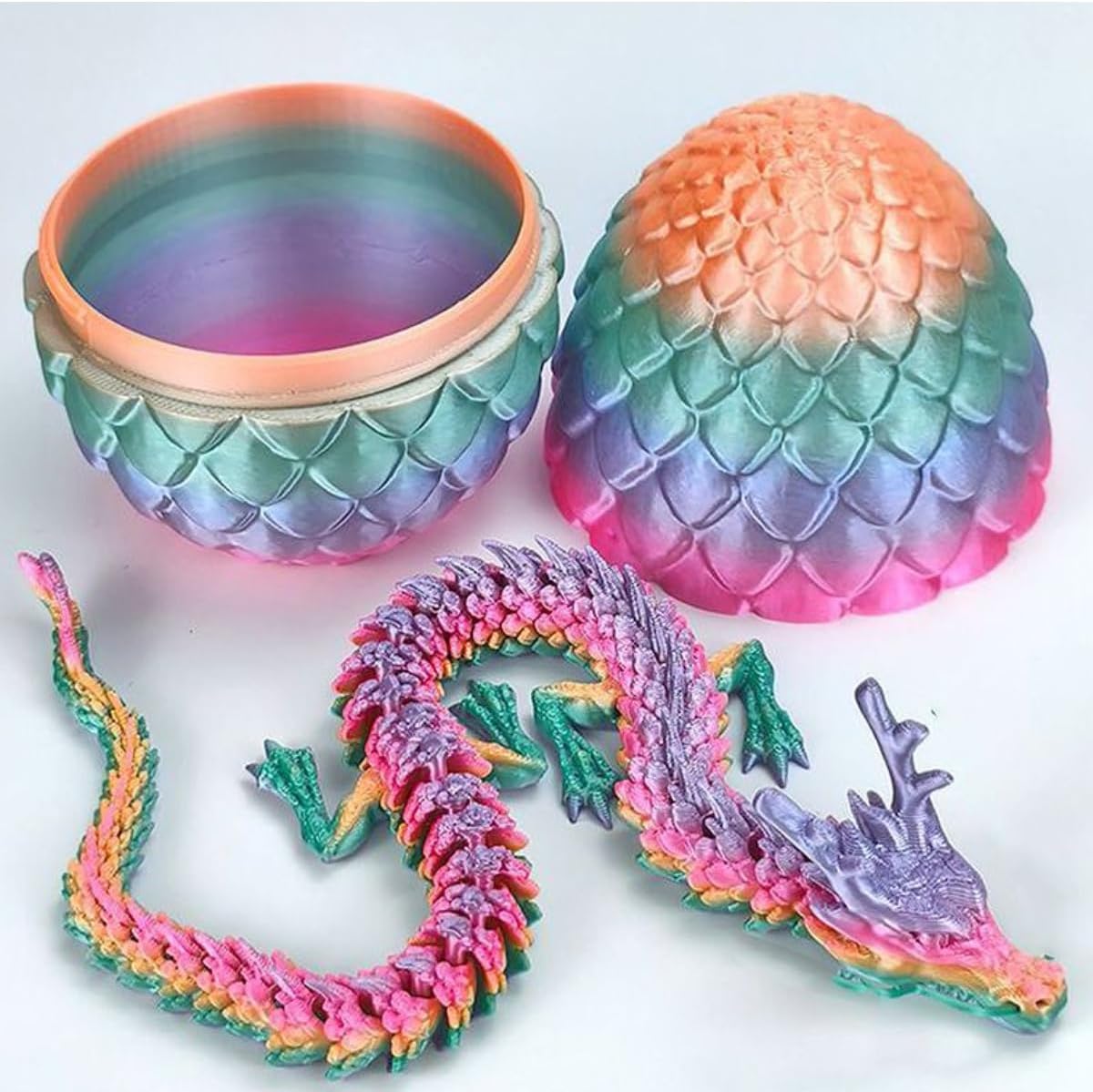 258274 - FOLANDO Dragua i Printuar 3D në Vezë, 30 cm, Figurinë Dragoi të Printuar 3D, Lidhje Fleksibile, Ngjyra Ylberi