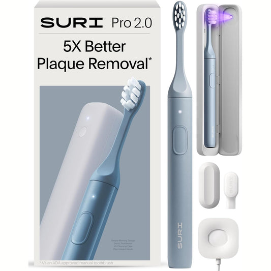 302710 - SURI Furçë dhëmbësh elektrike sonike 2.0 me sensor presioni, kuti udhëtimi për pastrim UV, jetëgjatësi baterie mbi 40 ditë, Blu