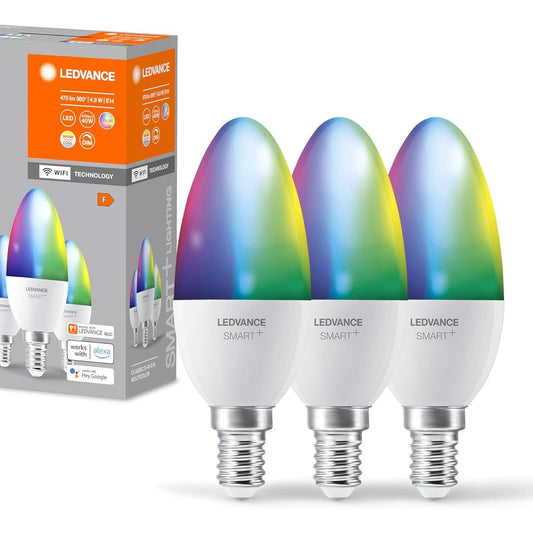 121583 - LEDVANCE LED Llambë Inteligjente me Teknologji WiFi, Bazë E14 Optike Matt, Ngjyra RGBW të Ndryshueshme, 470 Lm, Ngjyrë Drite e Ndryshueshme 2700K-6500K, Paketim me 3 Çupa