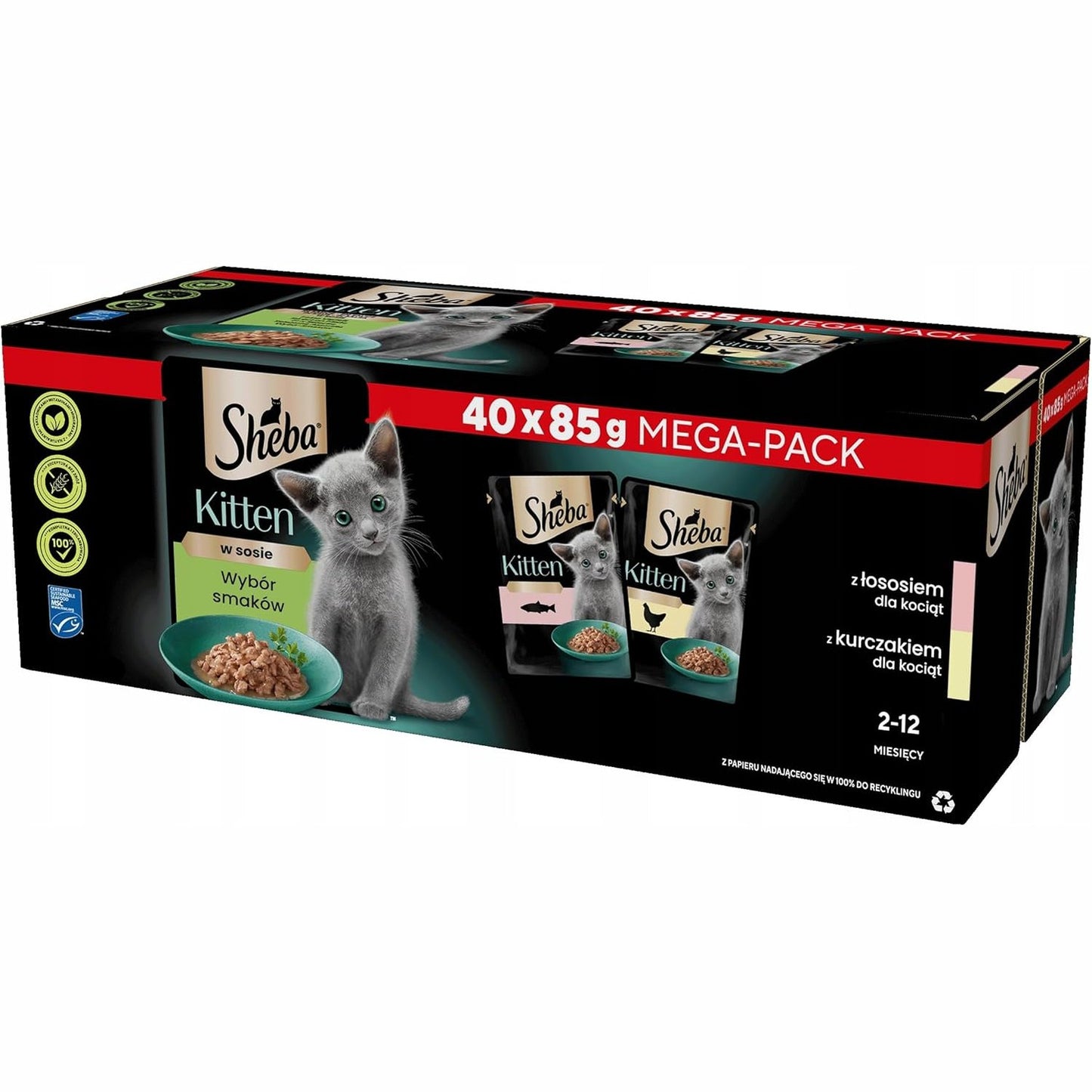 213675 - SHEBA Ushqim i lagësht për kotele, 40 qese x 85g, varietet me salmon dhe pulë në salcë