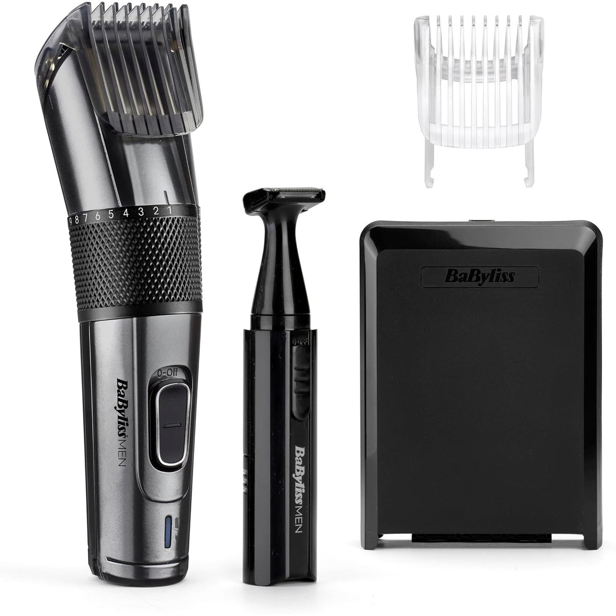 289526 - BABYLISS Makinë prerëse flokësh Carbon Titanium pa tel, 26 gjatësi prerjeje (0.5 mm-25 mm), ngjyrë argjend/e zezë, përfshin mini prerëse E978E.