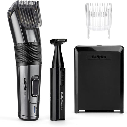289526 - BABYLISS Makinë prerëse flokësh Carbon Titanium pa tel, 26 gjatësi prerjeje (0.5 mm-25 mm), ngjyrë argjend/e zezë, përfshin mini prerëse E978E.