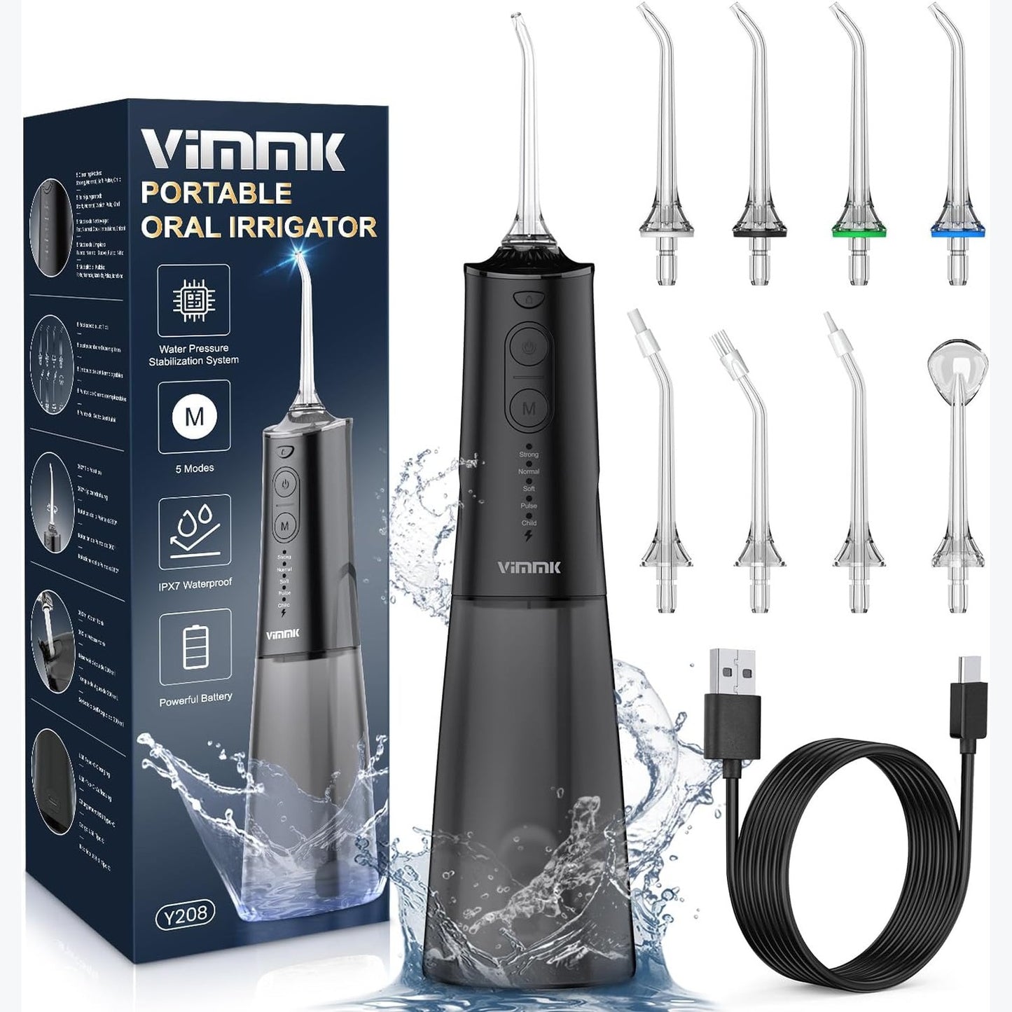 316441 - VIMMK Pastrues dhëmbësh me ujë dhe ujitës oral, 5 mënyra presioni uji, 8 maja të zëvendësueshme, i rikarikueshëm, rezistent ndaj ujit IPX7, rezervuar 300ML, ngjyrë e zezë