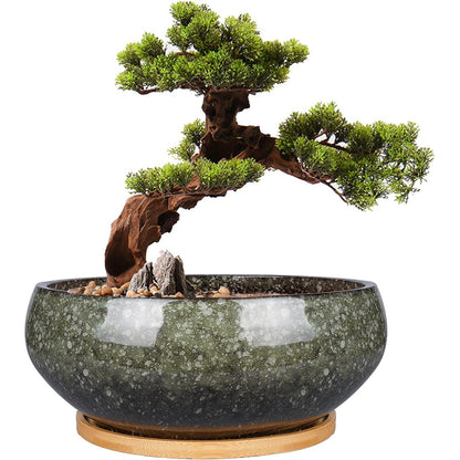 214107 - EPFAMILY Vazo qeramike për bimë Bonsai, e xhamuar, e cekët, me vrimë kullimi dhe pjatë bambuje për bimë shtëpie, 20.3 cm, jeshile