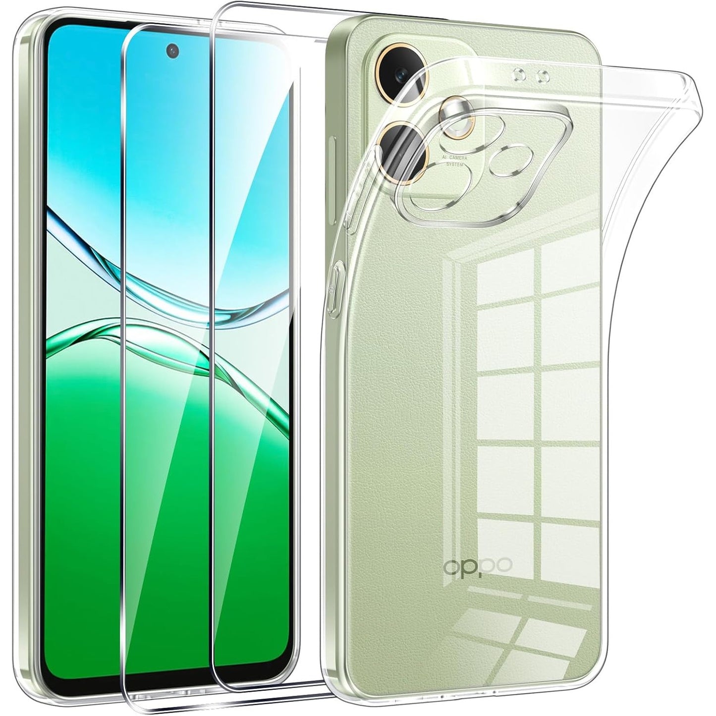 277250 - PHOONA Mbrojtëse për OPPO A5 Pro 4G/5G me 2 mbrojtëse ekrani prej qelqi të temperuar, Mbrojtëse prej silikoni transparent TPU, rezistente ndaj goditjeve dhe gërvishtjeve