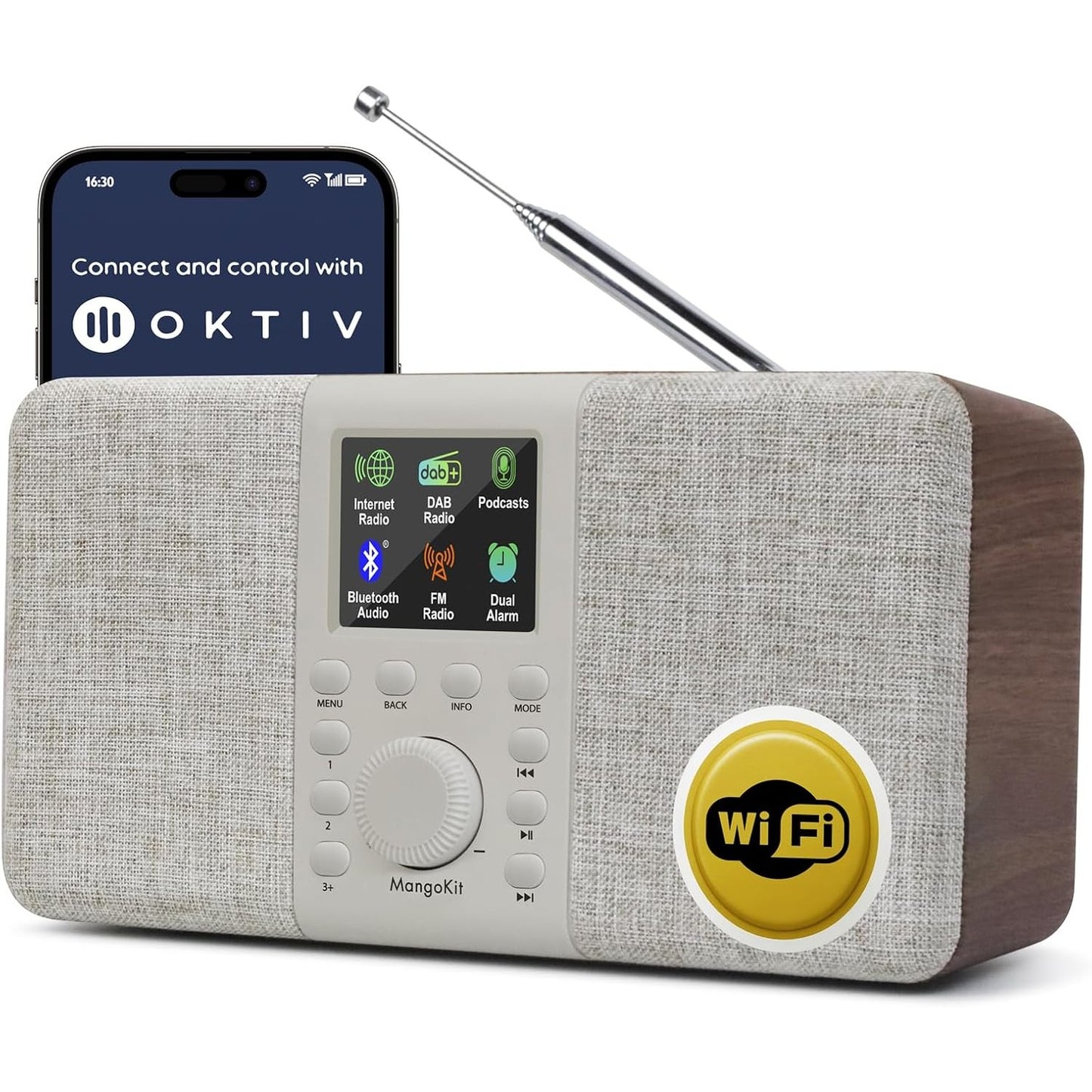 272924 - MANGOKIT SR-L, Radio Interneti me Wi-Fi, Radio Portative DAB me Bluetooth – DAB+, FM, Podcast, 150 Të Preferuara, Orë me Alarm Radioje, Prizë për Kufje, Kohëmatës Gjumi, E Zezë