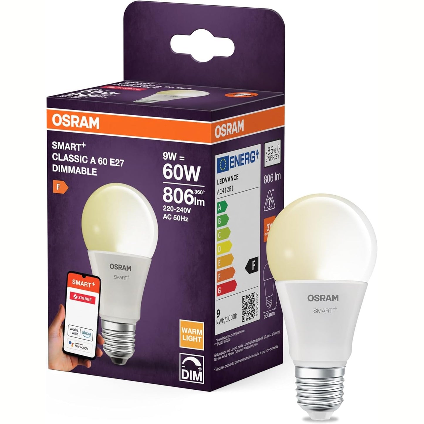224892 - OSRAM Llampa LED SMART A60, E27, 9W, ZigBee 3.0, 2700K, kontroll aplikacioni, Alexa, Asistent Google