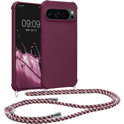 309297 - KWMOBILE Mbrojtëse prej silikoni për Google Pixel 9 / Pixel 9 Pro, ngjyrë Bordeaux, vjollcë, me kordon për qafë