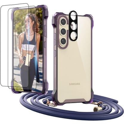 267293 - GUtttGU Mbrojtëse Telefoni me Rrip për Galaxy S24, Përfshin 2 Mbrojtëse Ekrani prej Xhami të Temperuar, 2 Mbrojtëse Kamere, Mbrojtëse Transparente me Lidhëse për t'u Mbajtur Rreth Qafës, Vjollcë