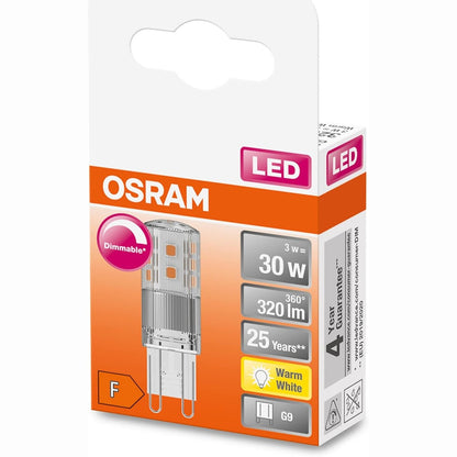 250340 - OSRAM Llambë LED me PIN me errësim, bazë G9, e bardhë e ngrohtë (2700K), 350 lumen, xham transparent, pako e shumëfishtë