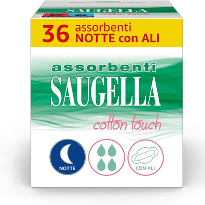 272327 - SAUGELLA Peceta sanitare Cotton Touch Night, 36 peceta, pambuku me krahë, veprim antibakterial, kundër erës dhe qetësues