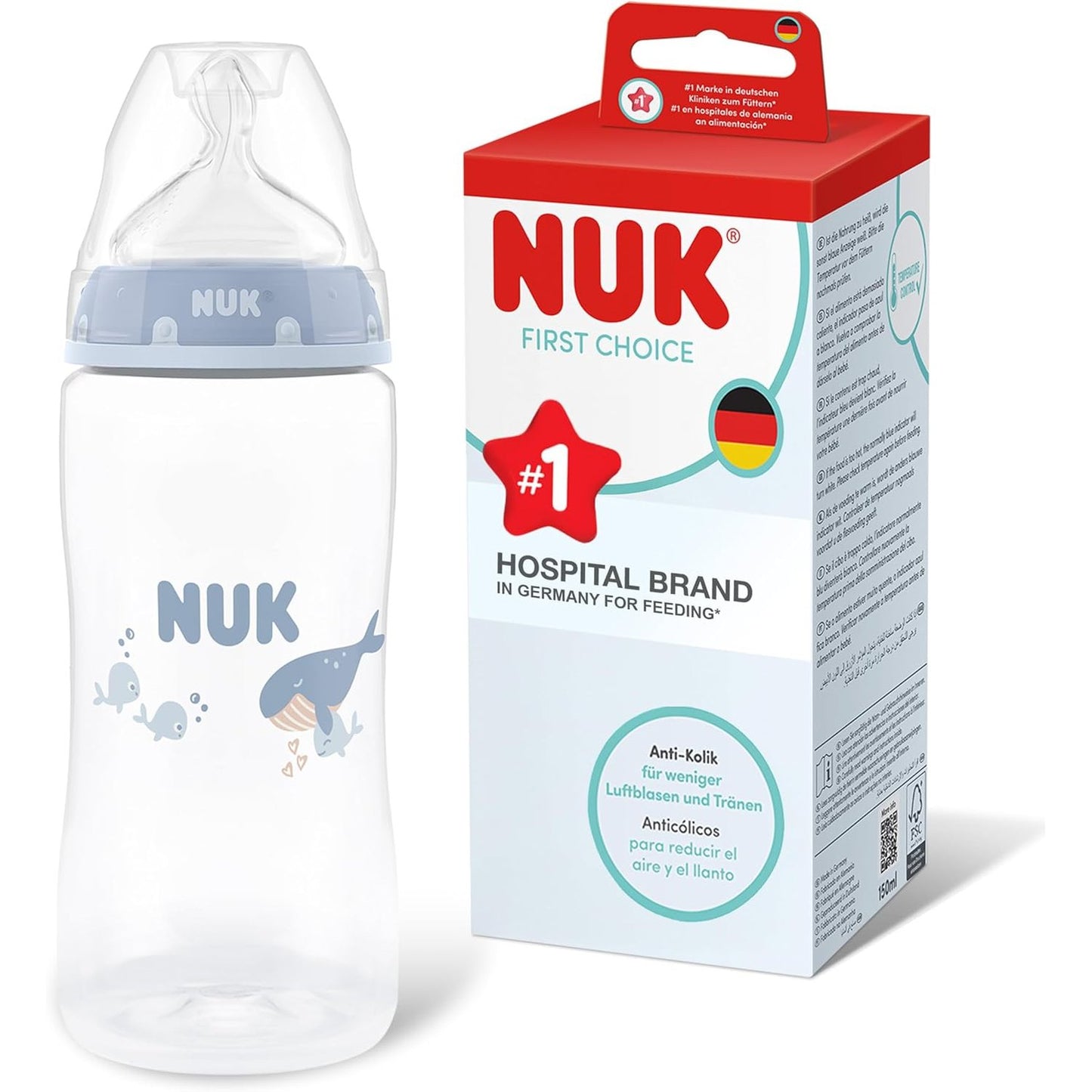 318338 - NUK FIRST CHOICE Shishe për foshnje 300 ml | 3+ muaj | PP | Shishe kundër kolikave | Tregues kontrolli të temperaturës | Balenë | Pako me 1 copë
