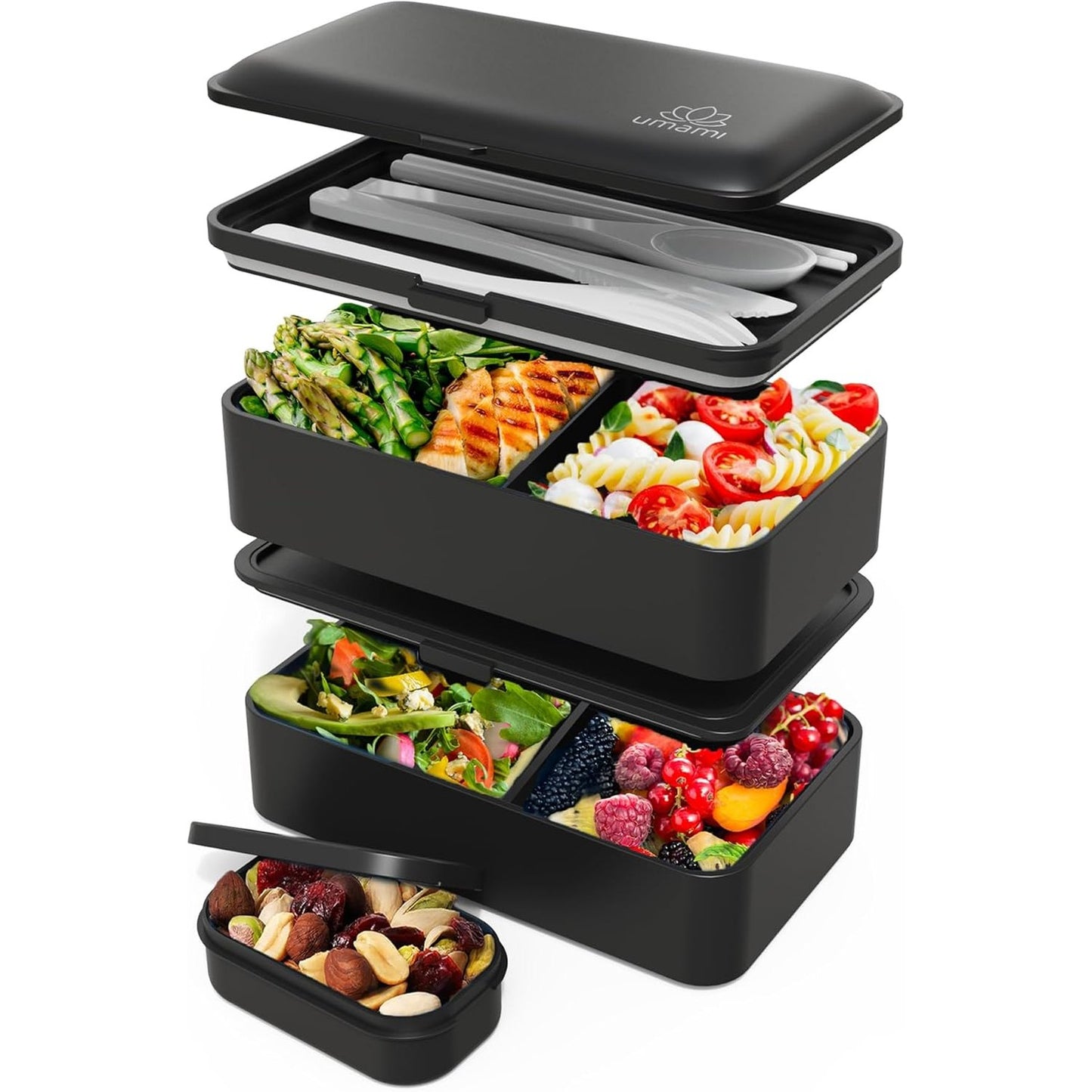 162785 - UMAMI: Kutia Bento për të rritur, Gjithë-në-1, me 4 vegla, 2 kavanoza salsë, 2 ndarës, e papërshkueshme 100% nga rrjedhjet, e sigurt për mikrovalë dhe lavastovilje, 40 oz, e zezë mat, për burra/grа