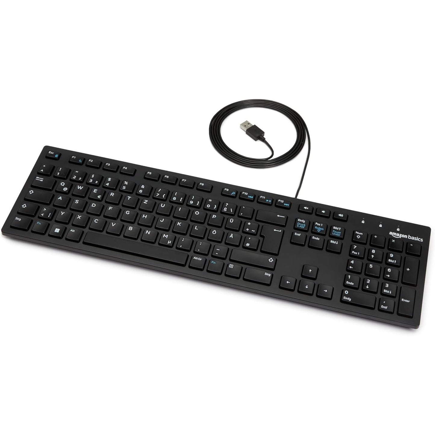 274380 - Amazon Basics Tastierë me paraqitje gjermane, e sheshtë, me kabllo USB, e zezë mat