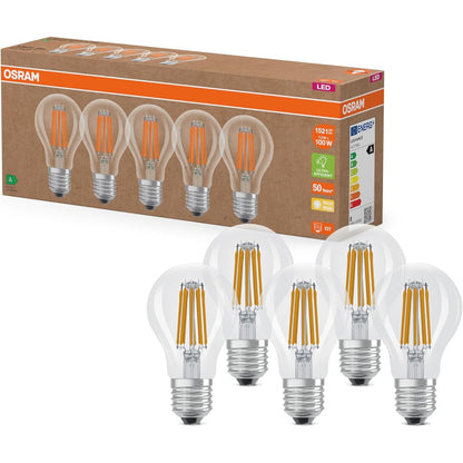 240570 - OSRAM Llambat LED me efikasitet të lartë, pako me 5 llamba, zëvendëson llambat inkandeshente 100W, të bardha të ngrohta (2700K), E27, xham i filamentuar