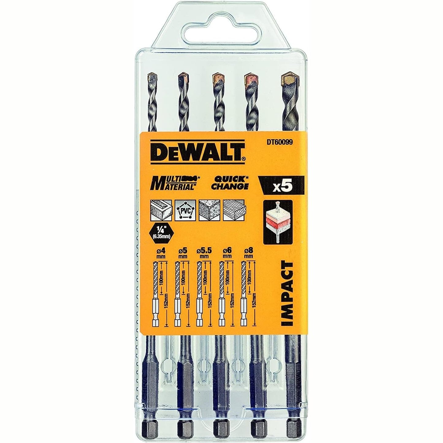 293730 - DEWALT Set me 5 maja shpimi shumëmaterialesh për mur, dru dhe PVC, DT60099-QZ