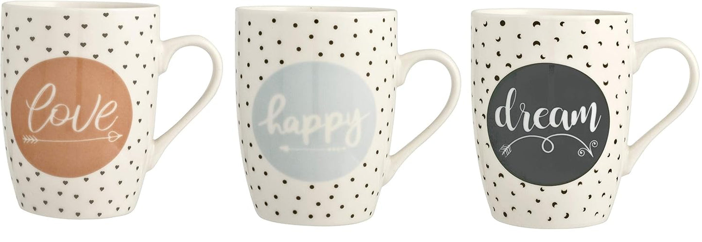 222770 - H&H ENJOY - Set me 3 Filxhanë Porcelani Shumëngjyrësh | 350 ml | Shkrime të Përziera Pozitive | I sigurt për lavastovilje