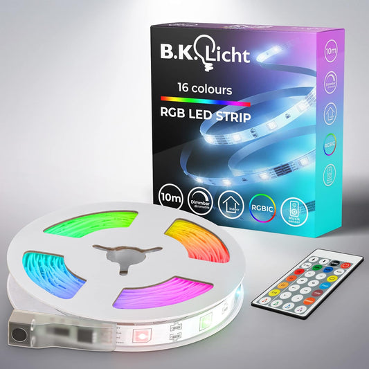 214581 - B.K.LICHT Shirit LED 10m me Sensor Muzike, Telekomandë, RGB IC me Ndryshim Dinamik Ngjyre, 100x1x0.3 cm, i Bardhë