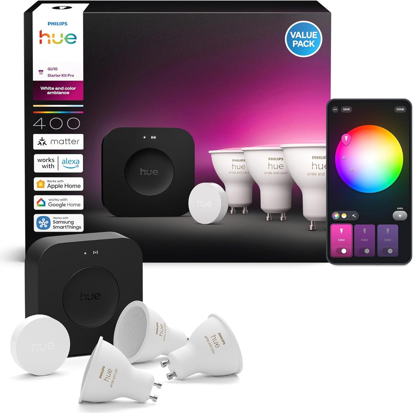 177018 - PHILIPS Hue, Kit fillestar me Bridge Pro, 3 Llamba Inteligjente GU10 dhe Buton Inteligjent, Llamba Inteligjente me Dritë të Bardhë dhe me Ngjyra, Dritë Inteligjente të Pajtueshme me Alexa, Google Assistant dhe Apple Home