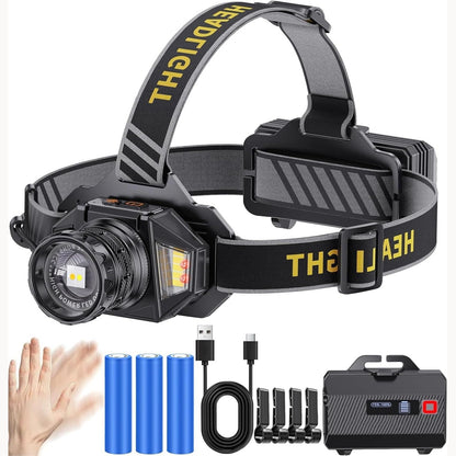183629 - KZK - Llambë Koke LED e Rikarikueshme, 250,000 Lumen, 3 Ngjyra Drite (E Bardhë/E Verdhe/E Kuqe), 12 Mënyra Iluminimi, IP67 Rezistente ndaj Ujit, me Sensor të Rregullueshëm 90°, e Përshtatshme për Kamping