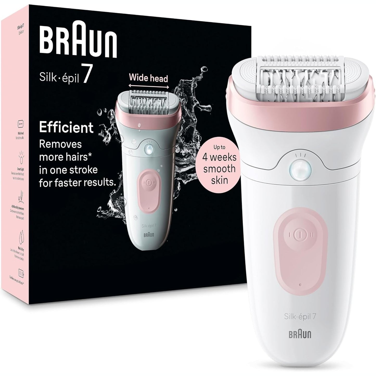 271104 - BRAUN Epilator elektrik Silk-Épil 7 për gra, me kokë të gjerë për depilim të lehtë, e lagur dhe e thatë, 7-000, e bardhë/rozë, e papërshkueshme nga uji