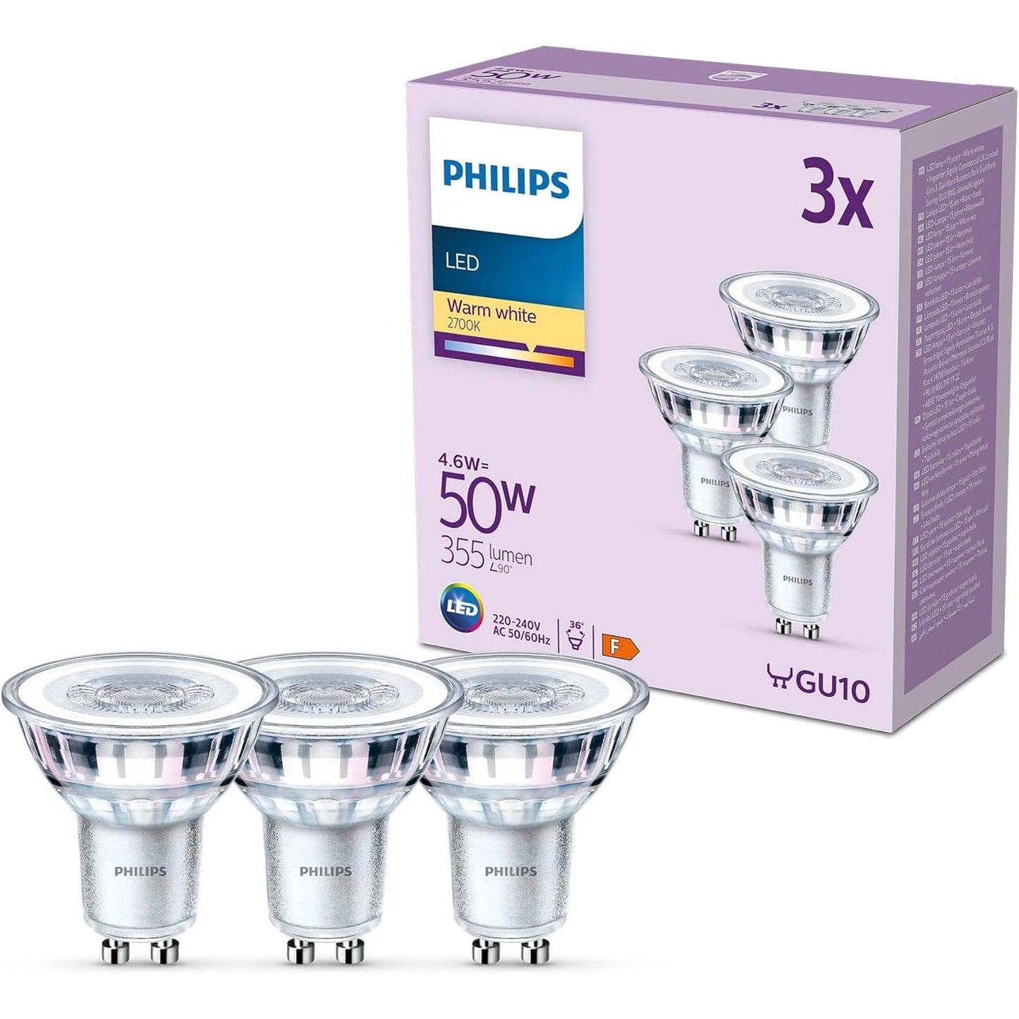 254090 - PHILIPS LED Classic GU10 Pocket me 3 llamba (50 W), Drita LED reflektuese me dritë të bardhë të ngrohtë