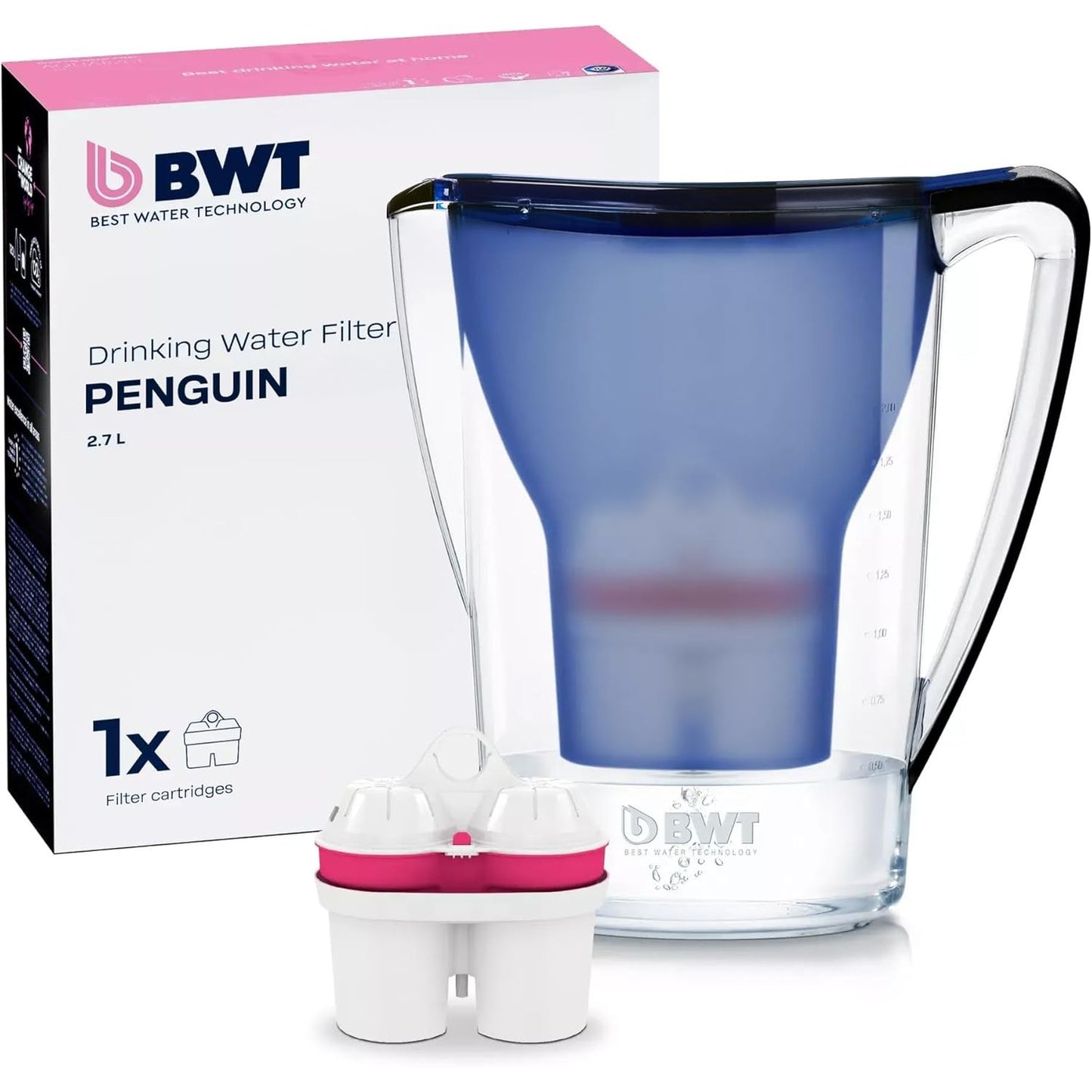184226 - BWT PENGUIN Filtri i Ujit për Tavolinë me 1x Fishek Filtri Magnezi, Filtron Gëlqere, Klor, Plumb dhe Bakër, Ngjyra: Blu e Errët
