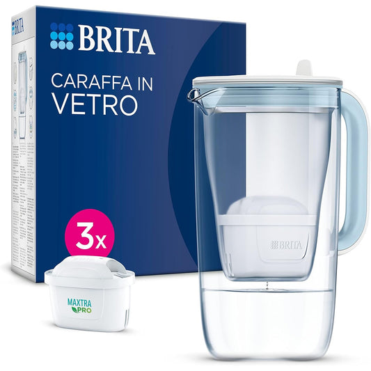 217169 - BRITA Enë filtri uji prej qelqi blu (2.5l) | përfshirë 3 filtra uji rubineti MAXTRA PRO Pure Performance | zvogëlon PFAS*, gëlqeren, klorin, papastërtitë dhe metalet e caktuara | treguesin e kohës dhe vëllimit