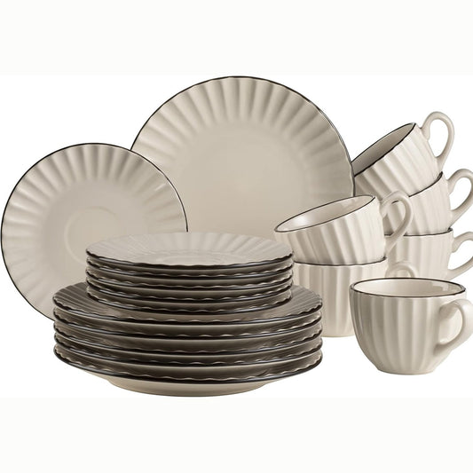 195305 - MÄSER - Set Kafeje Retro Osita për 6 Persona, 18 Pjesë, në Ngjyrë të Bardhë Krem me Dizajn Ondash, Përfshirë Filxhanë Kafeje, Pjata dhe Pjata ëmbëlsire, Enë Prej Guri
