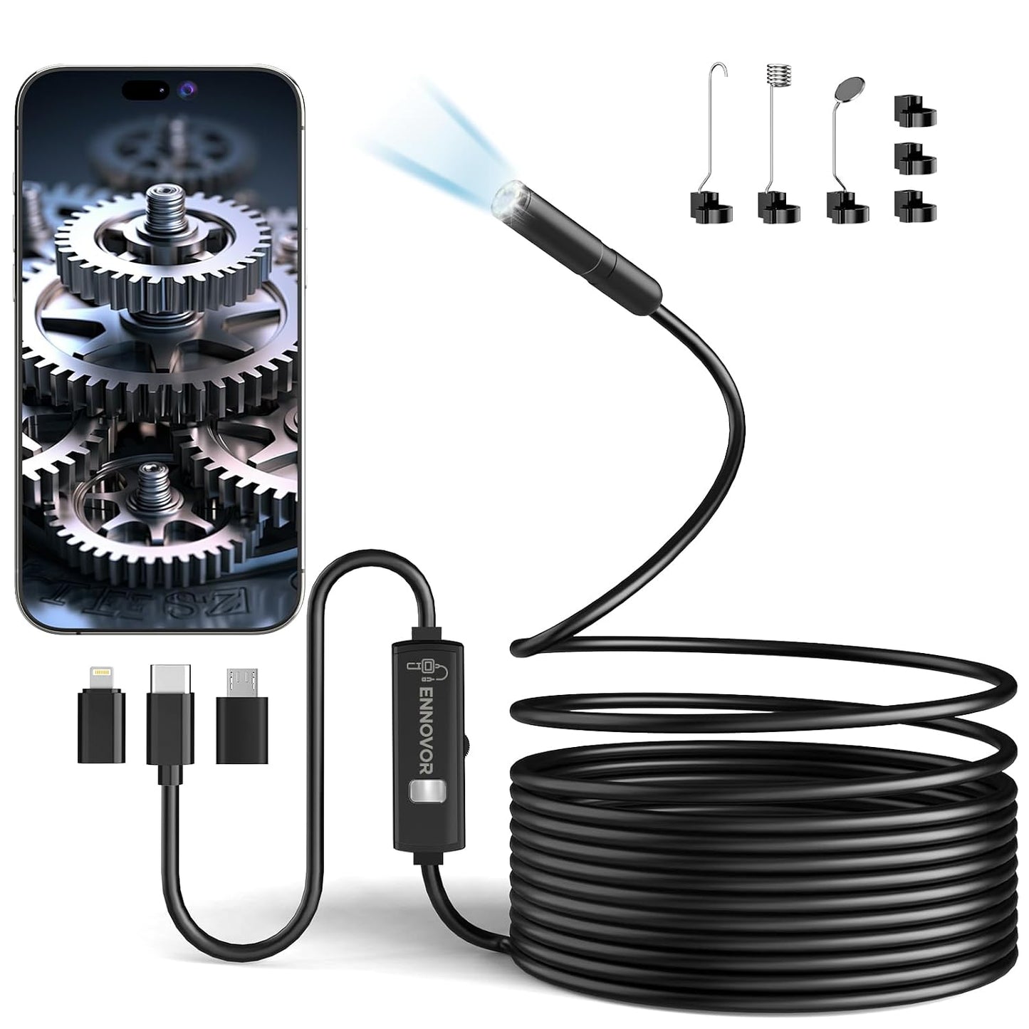 276936 - ENNOVOR Kamera Endoskopike 1920P, Kamera Inspektimi Endoskopik USB 3-në-1 Tipi-C me 8 Drita LED, 16.4 FT/5M, për Telefona Smartphone Android dhe iOS, iPhone, iPad, Samsung
