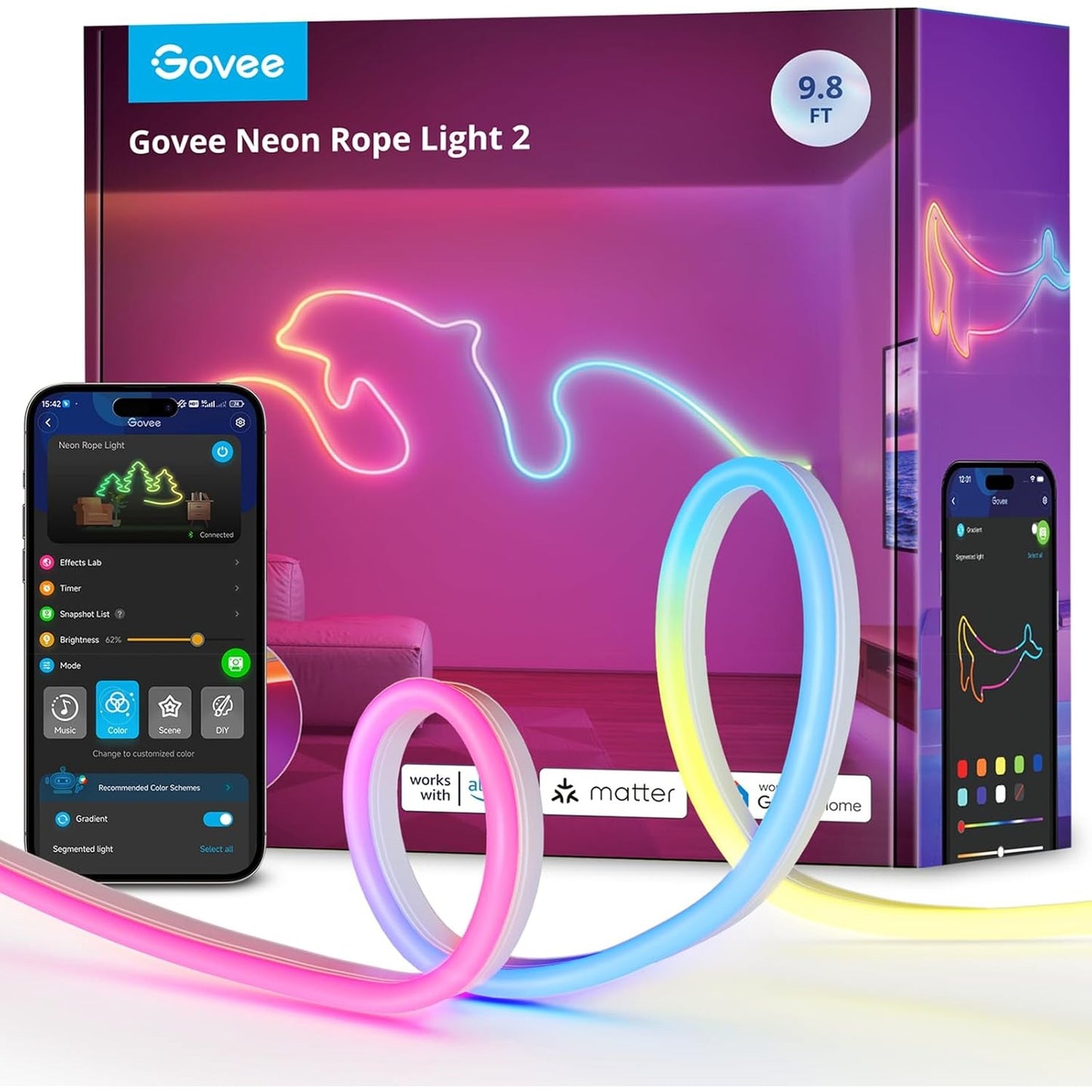 217212 - GOVEE Dritë me litar neoni 2, shirit LED RGBIC 3m, i pajtueshëm me SmartThings, Matter, Alexa dhe Google Assistant, hartë formash, efekte ndriçimi DIY, drita LED për dekorim muri, e bardhë