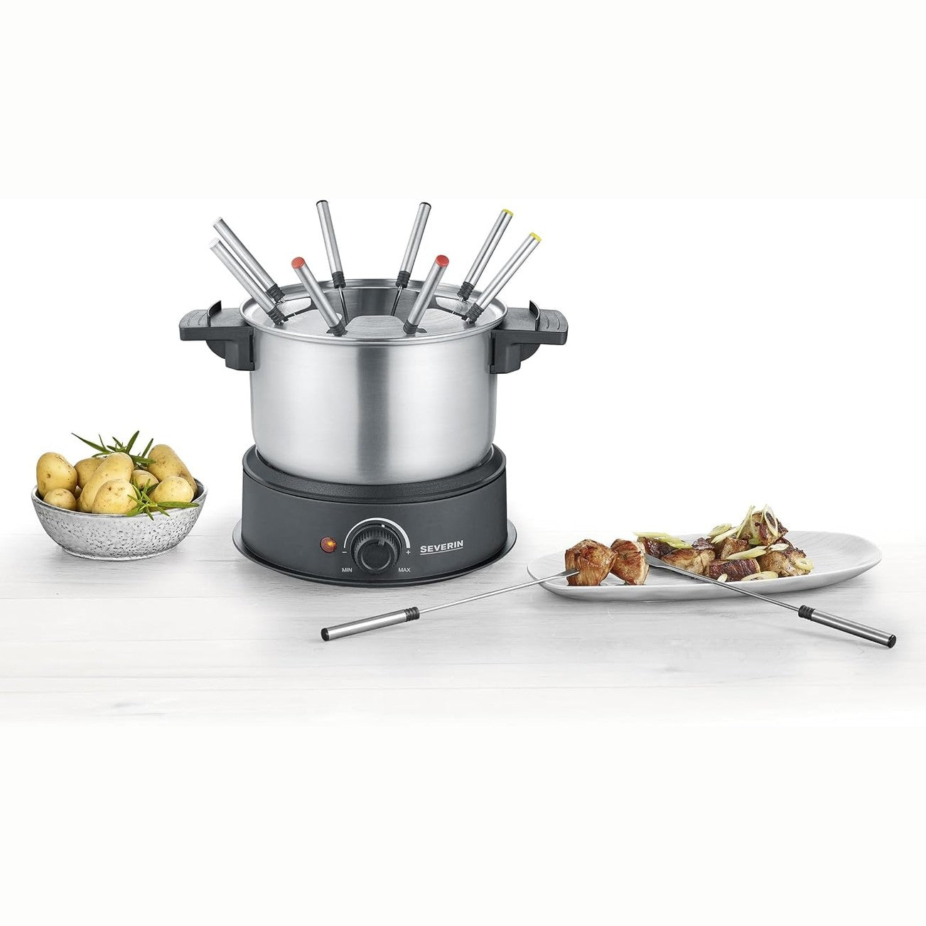 288341 - SEVERIN Set Fondue elektrik, çelik inox, me 8 pirunë të koduar me ngjyra, për fondue djathi, çokollate ose vaji, i zi, Model FO 2470