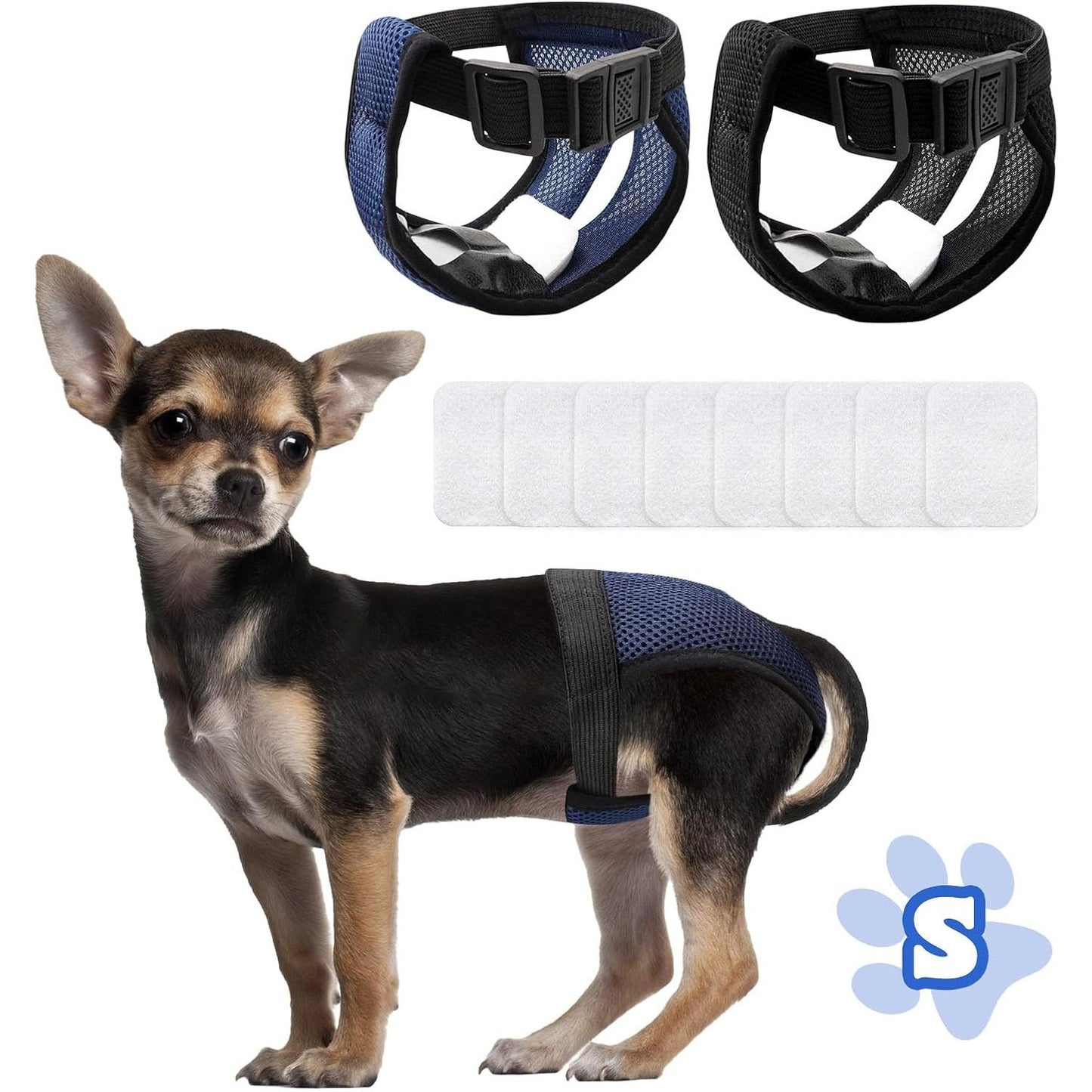224729 - Set pelenash për qen femra, 2 pjesë, mbathje ngrohëse për qen, pelena për qen, mbathje menstruale për femra me 8 peceta sanitare, ngjyrat e zeza dhe blu, madhësia XL