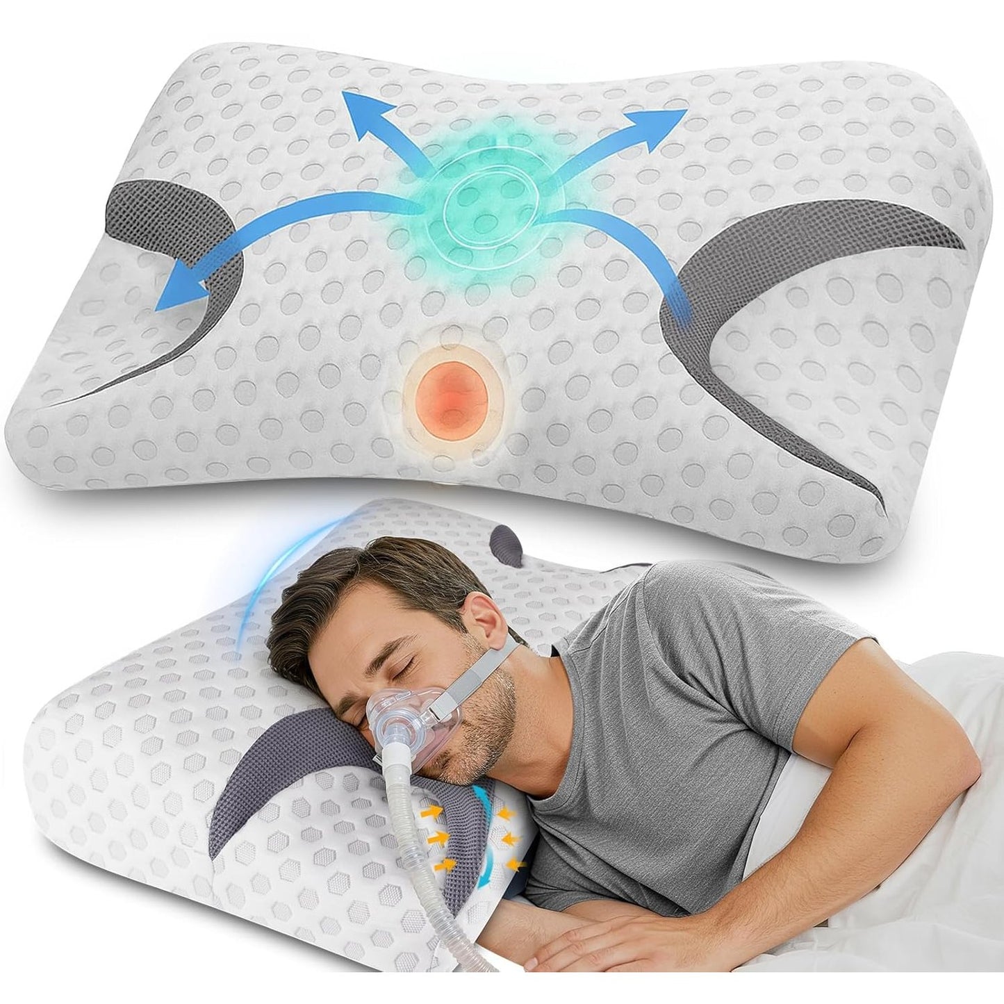 204652 - HYPUNO Jastëk Cervikal me Shkumë Memorie, Ortopedik Ergonomik, Përshtatëshëm për Apnenë e Gjumit dhe Përdoruesit e Maskave CPAP
